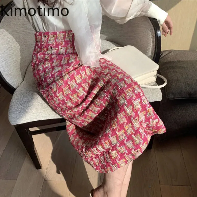 Kimotimo Elegante gonna in tweed jacquard da donna Primavera a vita alta Gonne dritte a portafoglio Gonna francese con piccola fragranza 240226