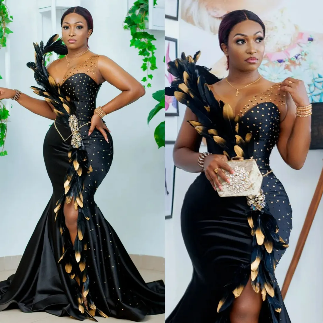 Africano Nigéria Plus Size Vestidos de baile para mulheres negras Ilusão Sereia Vestidos de noite Vestidos formais de penas para ocasiões especiais Vestido de noivado com divisão alta AM436