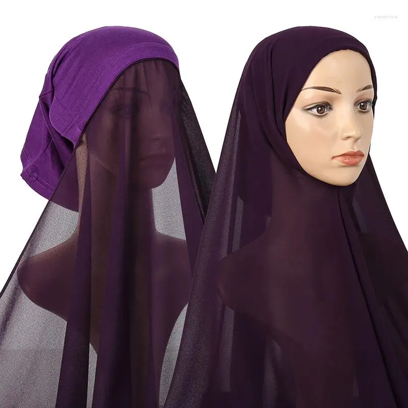Abbigliamento etnico Hijab musulmano istantaneo con berretto in chiffon puro per le donne Velo Moda femminile Sciarpa islamica Foulard