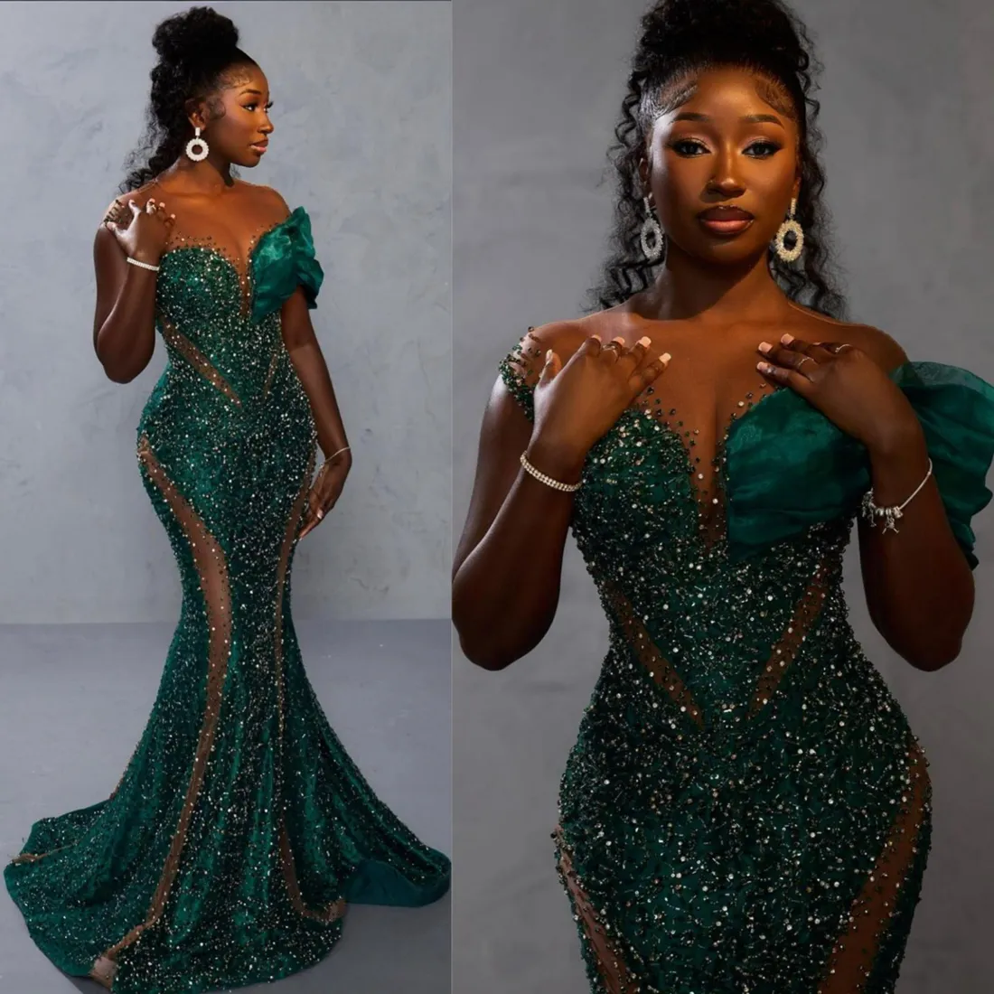 Africain Nigeria Plus taille Prom Black Femmes Illusion Sheer Cou Mermaid Clans courtes Paillettes Robes de soirée en dentelle Robe formelle pour les filles d'anniversaire AM440