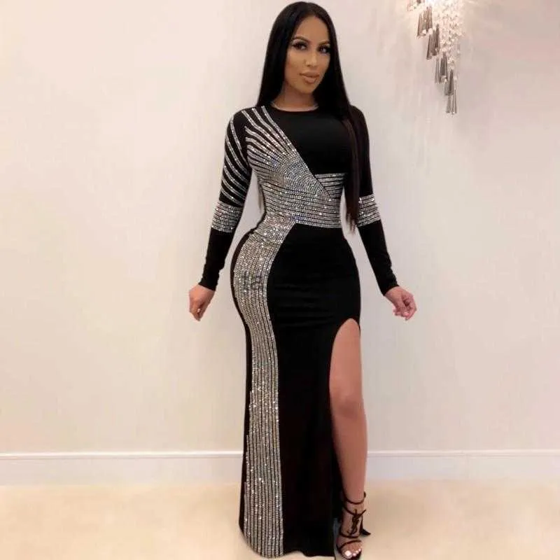 Basic Casual Dresses Casual Dresses Women Spring Winter Long Full Sleeve Diamonds Open Fork Sexy Night Party Bandage Fashion Vestidos 240302