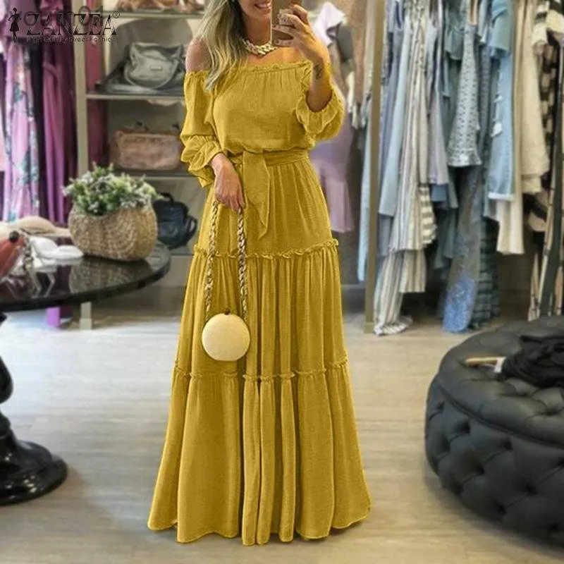 Basic Casual Dresses Off Shoulder Vestidos Female Lace Belted Dresses Beach Holiday Ruffle Robe Bohemian Long Maxi Dress 5XL Casual 240302