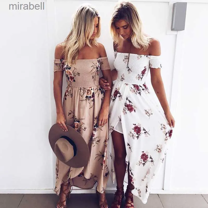 Dresses Dress long dresses women Off shoulder beach summer Floral print Vintage chiffon whiteLadies Summer Beach Wedding Dress 240302