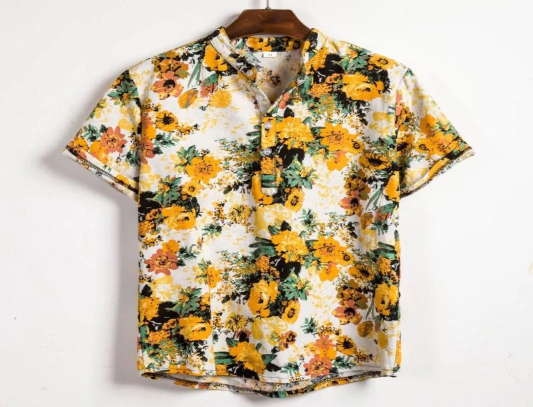 Summer Men Yellow Flower Print Shirts 2020 Brand Hawaiian Shirt Short Sleeve Stand Collar Shirt Casual Slim Fit Chemise Homme4182034
