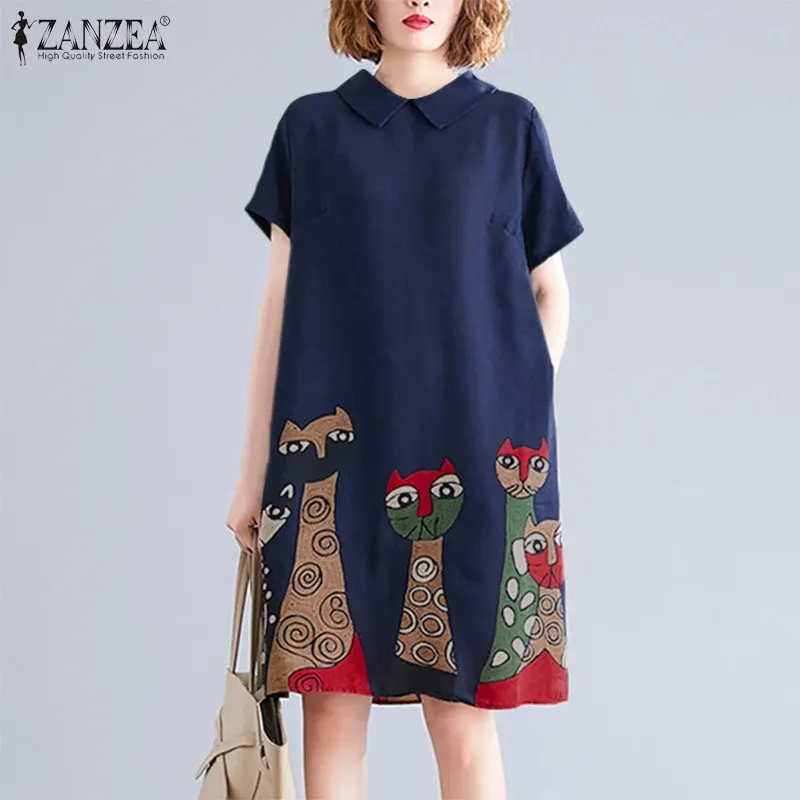 Dresses Womens Vintage Cartoon Print Dress Zanzea Lapel Knee Vestidos Casual Loose Short Sleeve Sundress 2023 Summer A Line Robe Femme