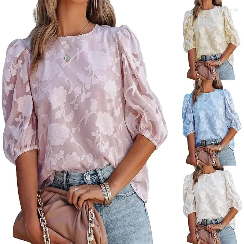 Women's T Shirts 2024 Summer Fashion Chiffon Top Solid Color Puff Sleeve Floral Texture Shirt Loose Basic Women Clothing