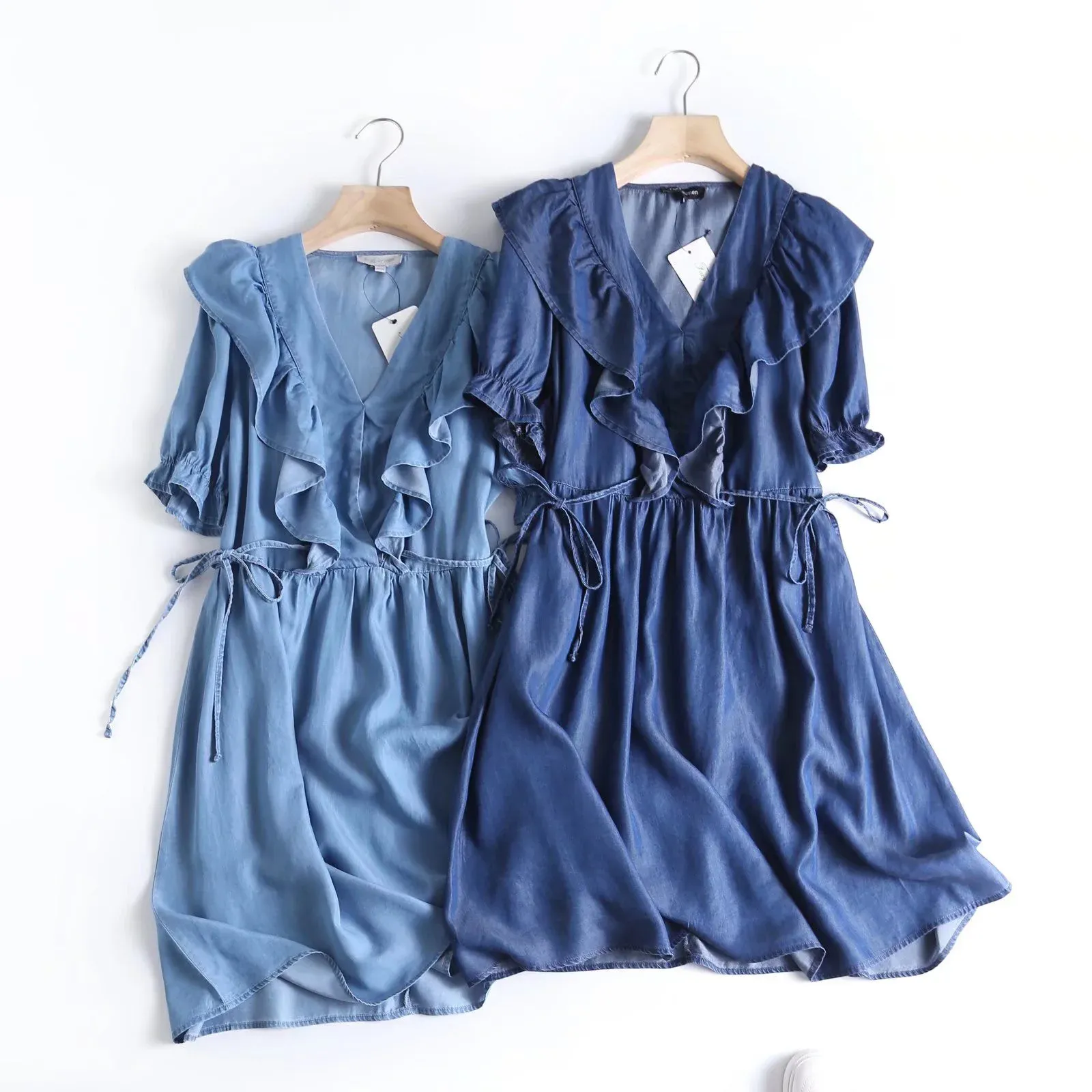 Dress ruffled mini light jeans dress women short sleeve slim waist summer denim dress Vestidos Mujer soft cotton