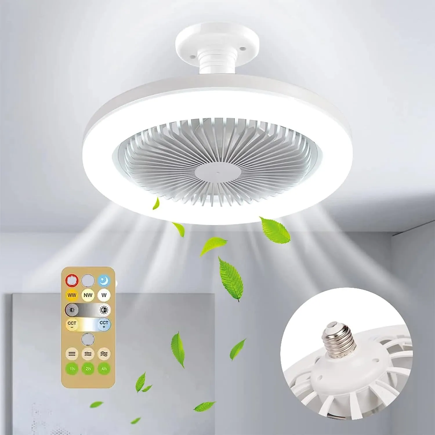 Ceiling Fan With Lights, E27 Converter Base 30W Smart Remote Control Ceiling Pendant light With Fan For Living Room