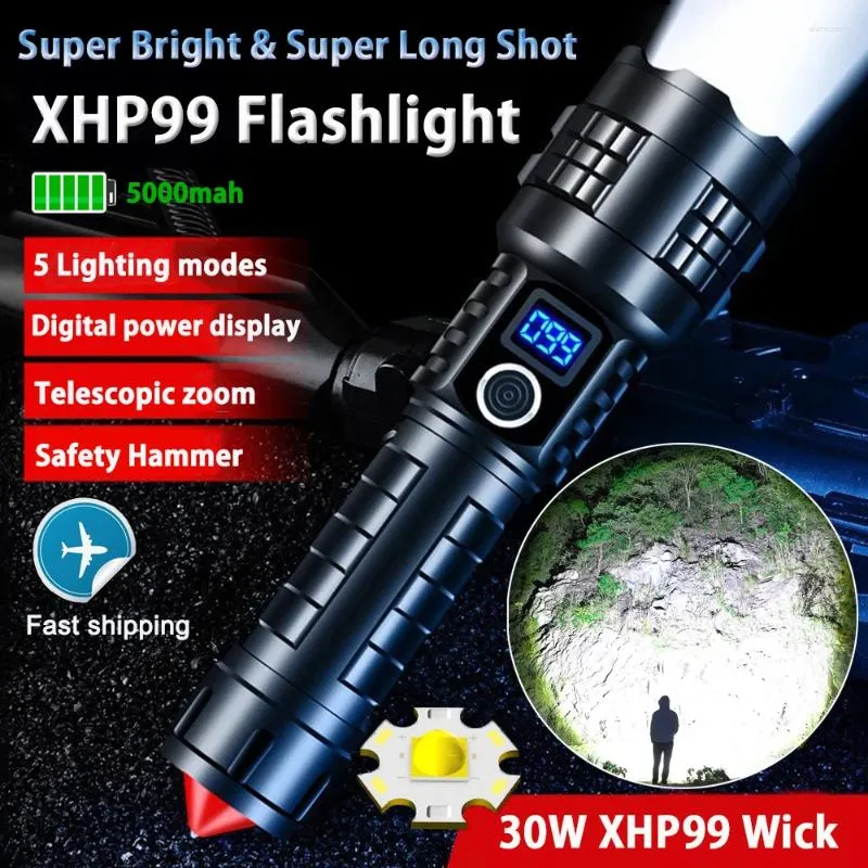 Taschenlampen Superhelle Taschenlampe mit digitaler Leistungsanzeige, wiederaufladbare Taschenlampe mit hohen Lumen, XHP99, hellstes LED-Blitzlicht