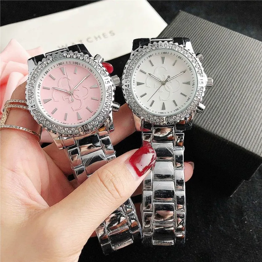Brand Watches Women Girl Diamond Crystal Big Letters Style Metal Steel Band Quartz Wrist Watch GS 45333L