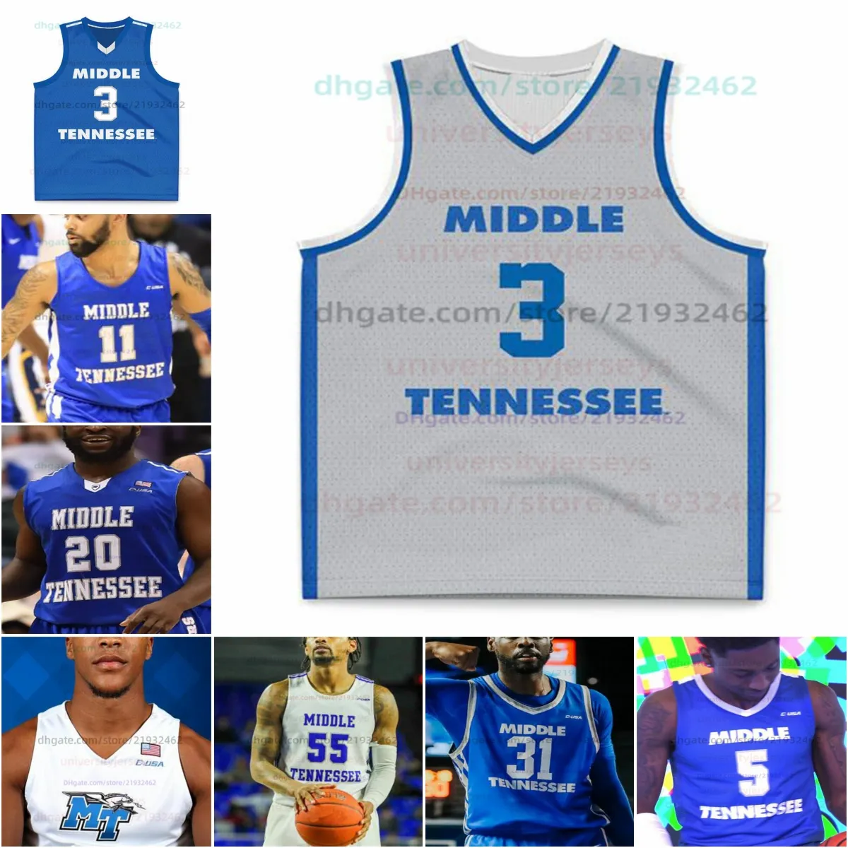 Maillot de basket-ball personnalisé Middle Tennessee NCAA cousu n'importe quel numéro de nom hommes femmes jeunes brodés Jack Jubenville Jacob Johnson Josh Ogundele
