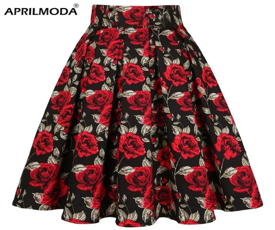 Faldas plisadas Rockabilly florales de cintura alta verano rojo rosa flor Boho Vintage falda Midi de talla grande 3XL ropa 2203221566279