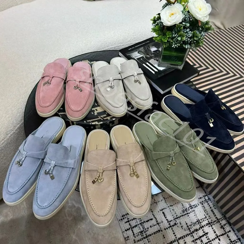 Pantoufles de créateurs LP Top Quality Cashmere Mans Slipper Cuir de vachette Sandales pour femmes Boucle classique Mules Bouts ronds Talon plat Confort de loisirs Mocassins pour femmes quatre saisons