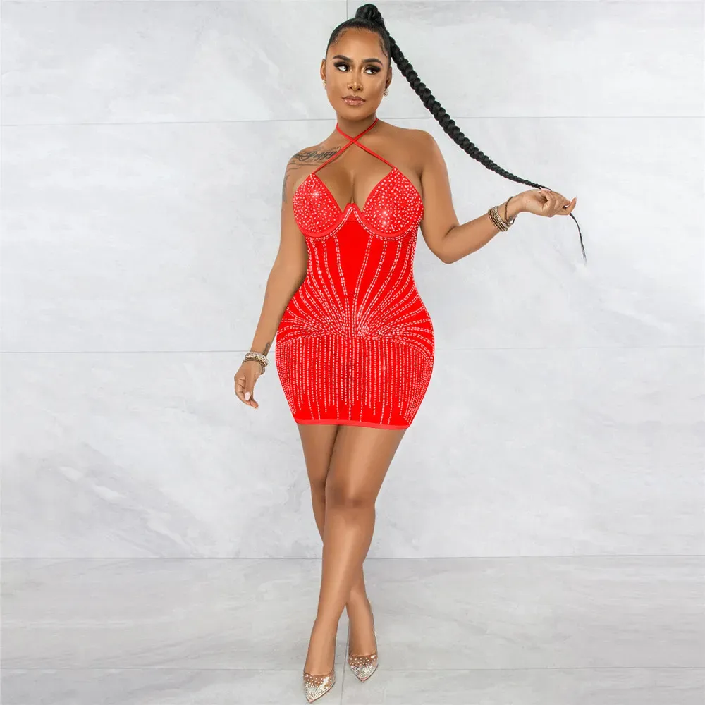 2024 Designer Rinestone Diamonds Sheer Mesh Mini Dress Women Sexy Lace Up Halter Backless Bodycon Night Club Party Dresses Bulk Wholesale Clothes 9601