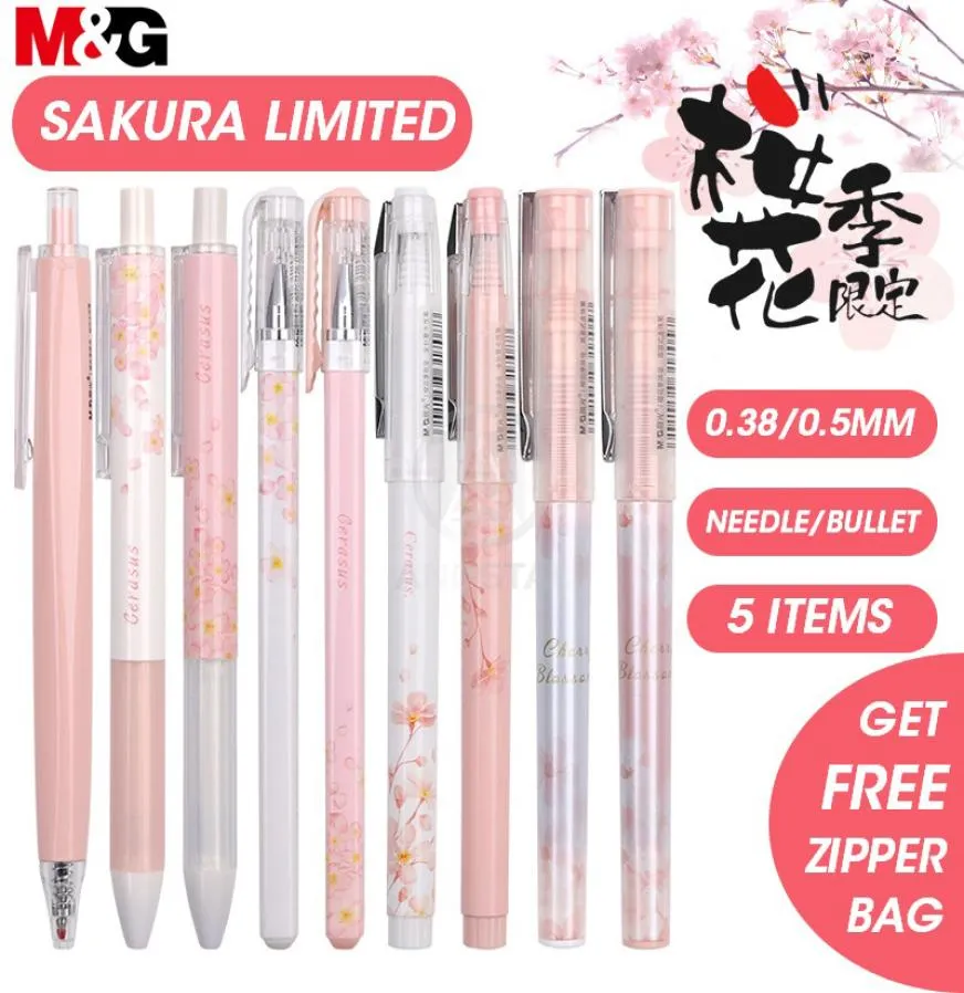 MG Sakura Pink Cute Kawaii Набор ручек с черными гелевыми чернилами 05 мм 038 мм Выдвижной для школьных принадлежностей гелевая ручка канцелярский валик Y20076115442