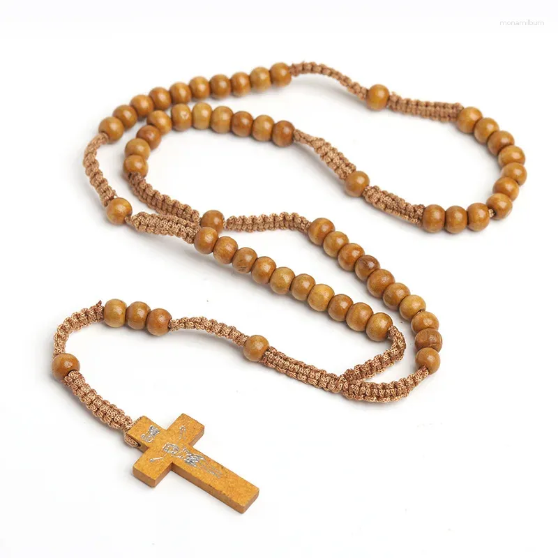 Łańcuchy Naszyjnik Chrystus drewniany okrągły koralik 8 mm różaniec kobiety man rope sweter łańcuch mody mody akcesoria biżuterii