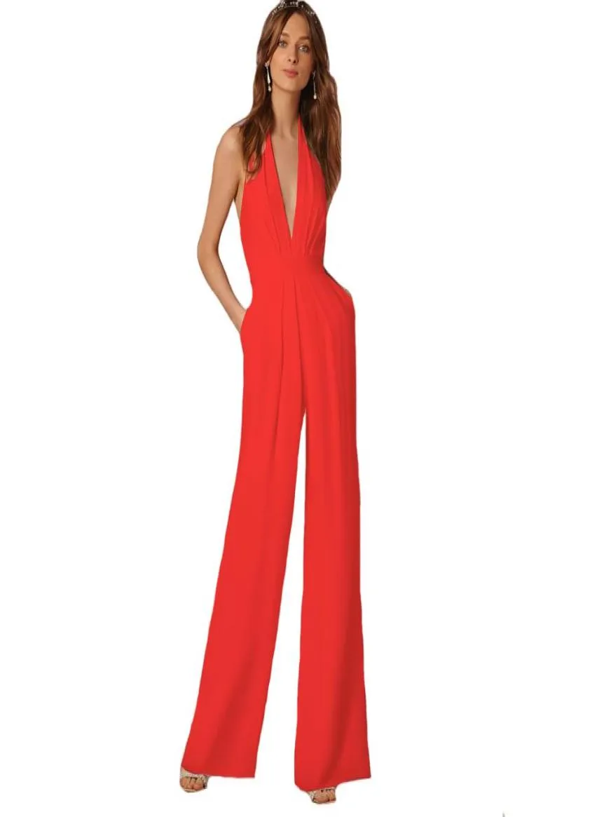 Elegant Office Jumpsuits Deep VNeck Backless Evening Party Rompers Overalls for Women Long Wide Leg Pants Red Bodysuits Pockets3881507