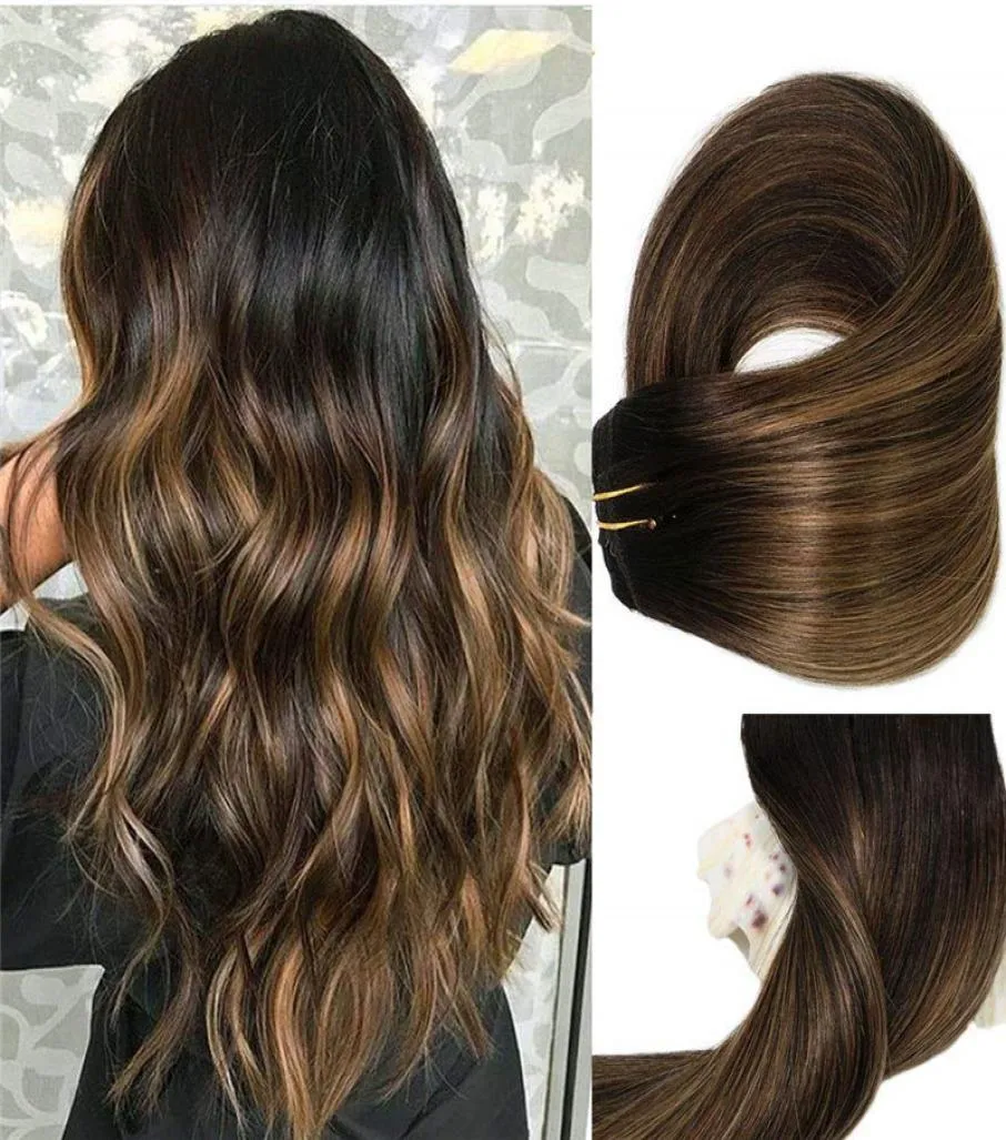 Straight Clip Extensions Brazilian Hair 120 Gram Per Package Ombre Balayage Color 1B Fading to 6 Medium Brown 100 Real Remy Hai9296501