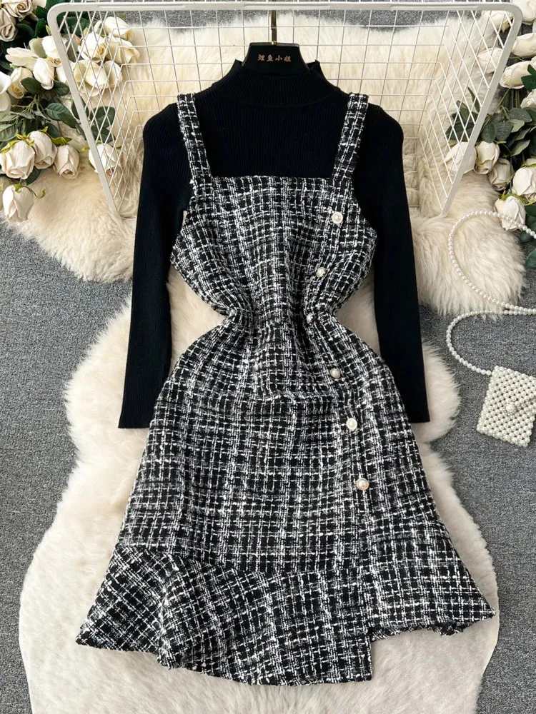 Autumn Korean Fashion Womens 2 Piece Set Dress Suits White Stretch tröja och Tweed Strap Mini Dresses Femme Outfits 240223