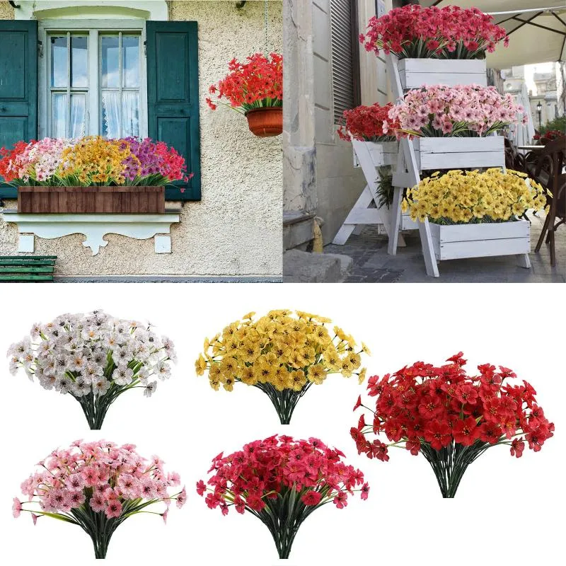 Fleurs décoratives 12 pièces, 5 têtes de fleurs de printemps, tissu imprimé en soie, Simulation violette, Zinnia d'extérieur