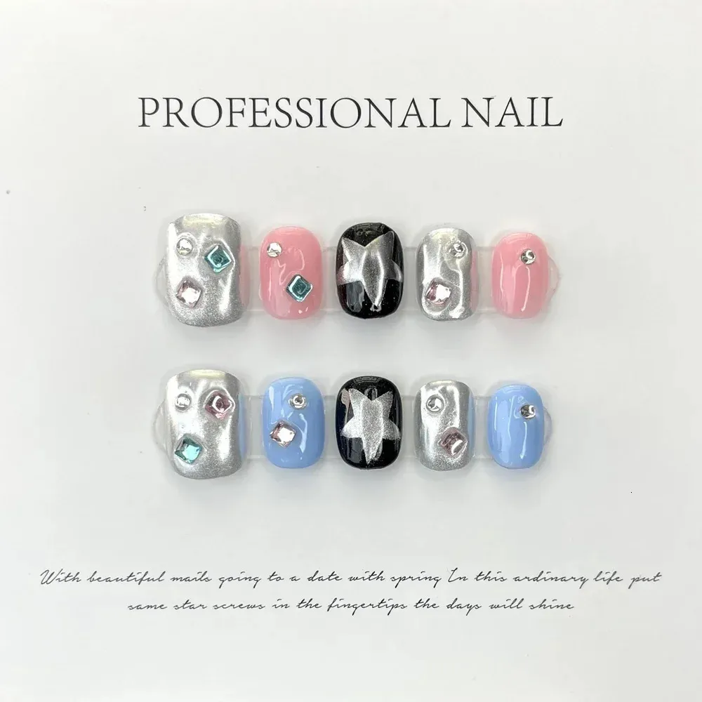 Handgjorda Y2K Press On Nails Short Cute Pink Blue Korean Adhesive False Artifical Acrylic Star Nail Tips Full Cover Art 240229