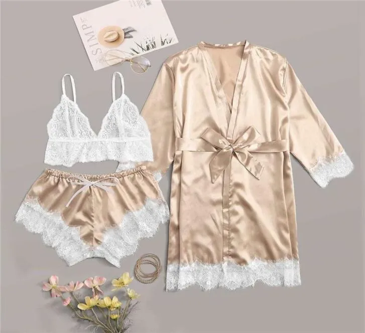 COLROVIE Conjunto de lingerie de cetim de renda floral dourada com robe feminino bralettes pijamas com cinto 2019 outono conjuntos sexy femininos pijamas Y20073339070