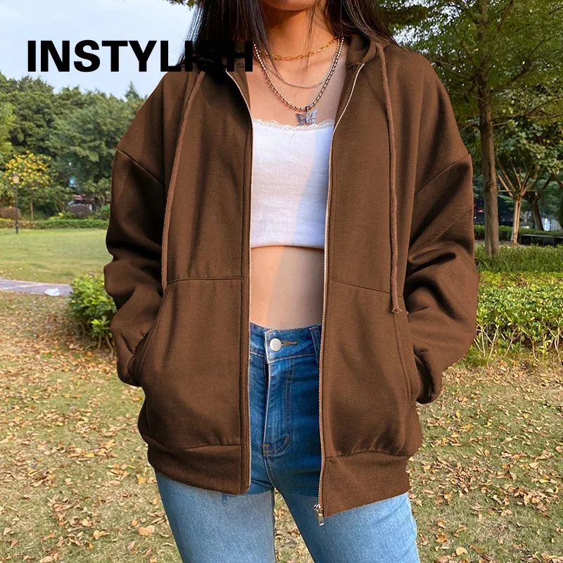 Women Zip Up Hooded Sweatshirts Vintage Oversized Hoodies Casual Solid Loose Coat Harajuku Y2K Aesthetic kpop Hoodies Streetwear 240301