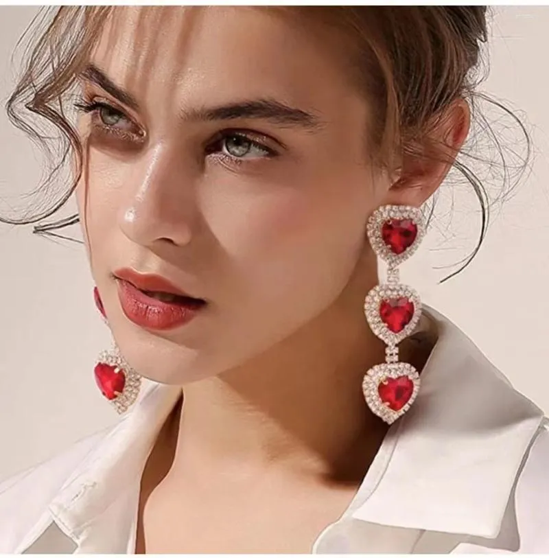 Dangle Earrings High Quality Women Shiny Rhinestone Red Hearts Jewelry Maxi Lady's Evening Dress Statement Accessories