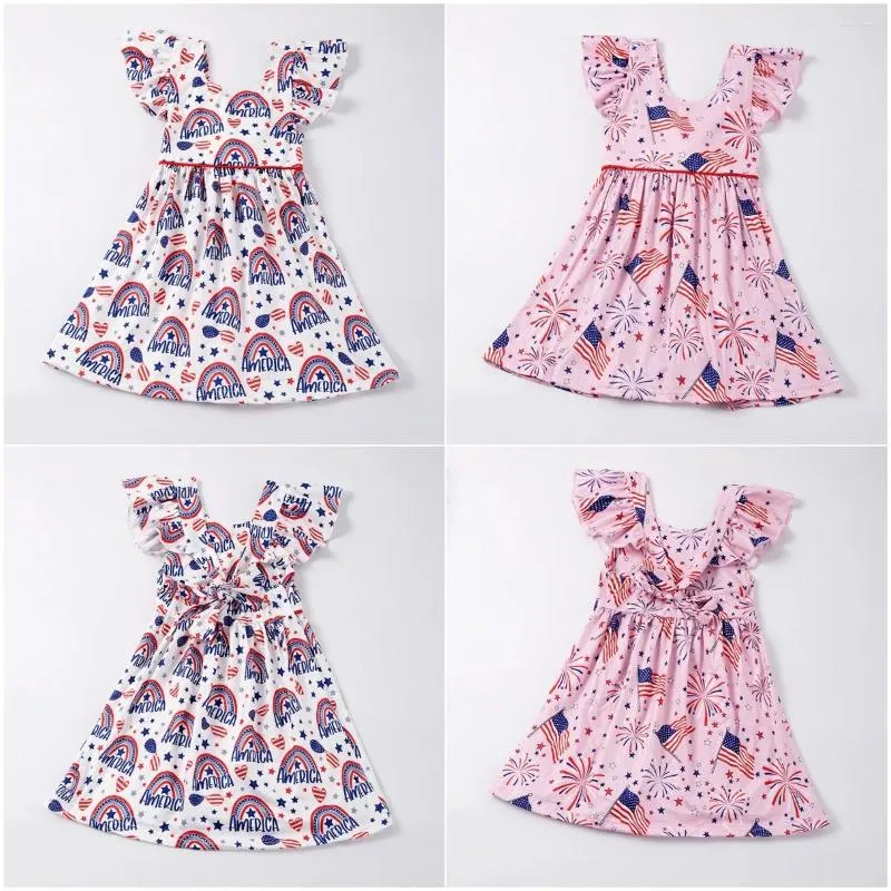 Flickaklänningar exklusiva Girlymax Independence Day 4 juli Baby Girls Boutique Clothes Milk Silk Star Dress Ruffles