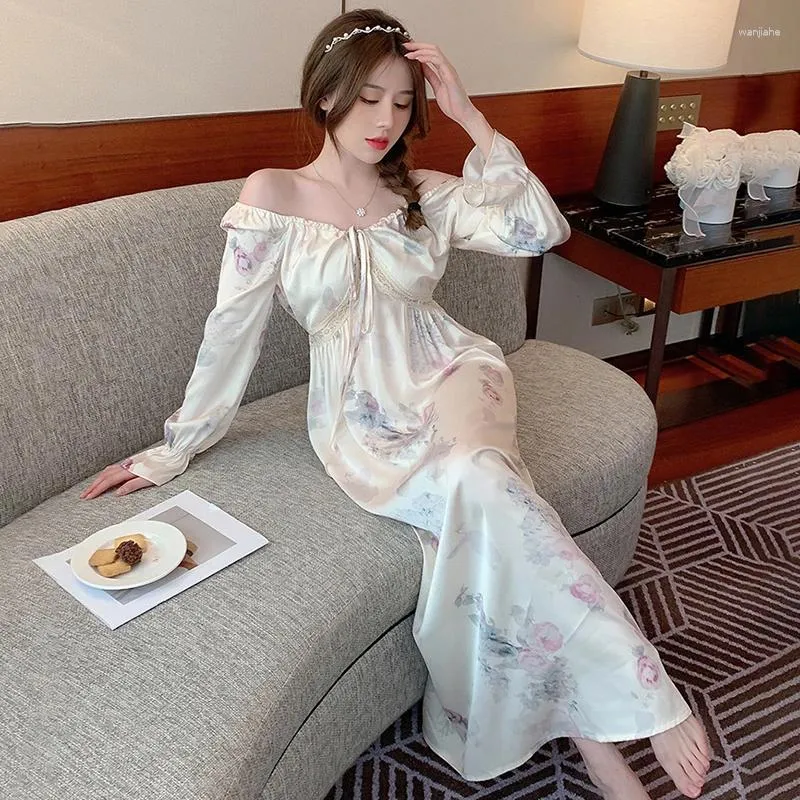 Women's Sleepwear Satin Nightgown Summer Long Sleeve Sexy V Neck Night Dress Homewear Ladies Silk Nightwear Loungewear Nightie