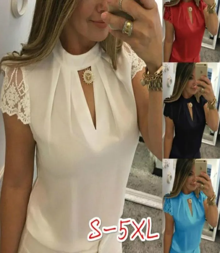 2018 Women Shirt High Collar Deep V Neck Back Zipper Fashion Lace Short Sleeve Stitching Stand Collar Blouse Shirt 4 Colors9282074