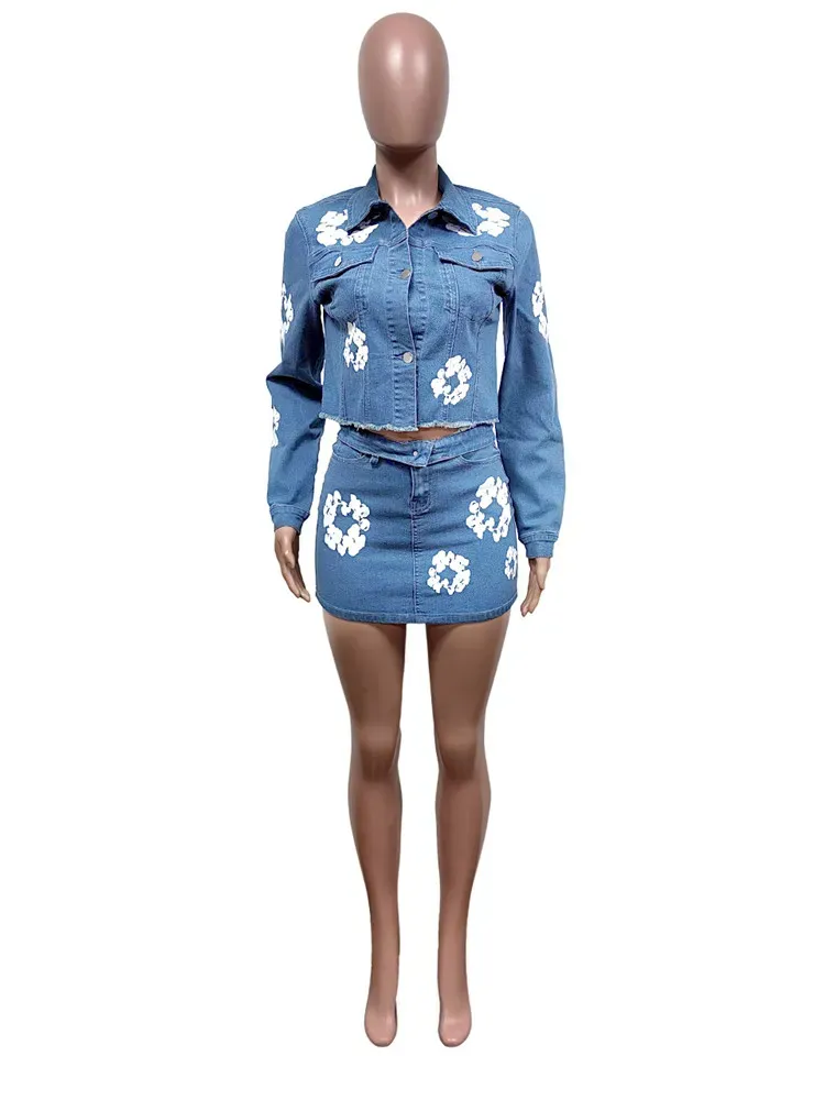 2024 Designer Spring Denim Skirt Sets Women Long Sleeve Jacket Bodycon Mini Skirt Two Piece Sets Casual Outfits Bulk Wholesale Clothes 10696