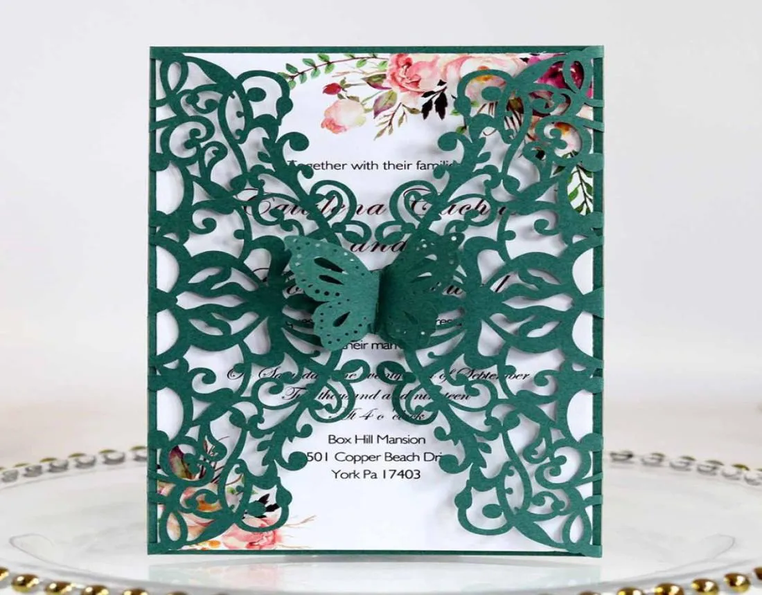 Green Butterfly Wedding دعوة ليزر قطع للاستحمام الزفاف Quince Sweet 16 عيد ميلاد مع printibbon مخصصة و env3913675