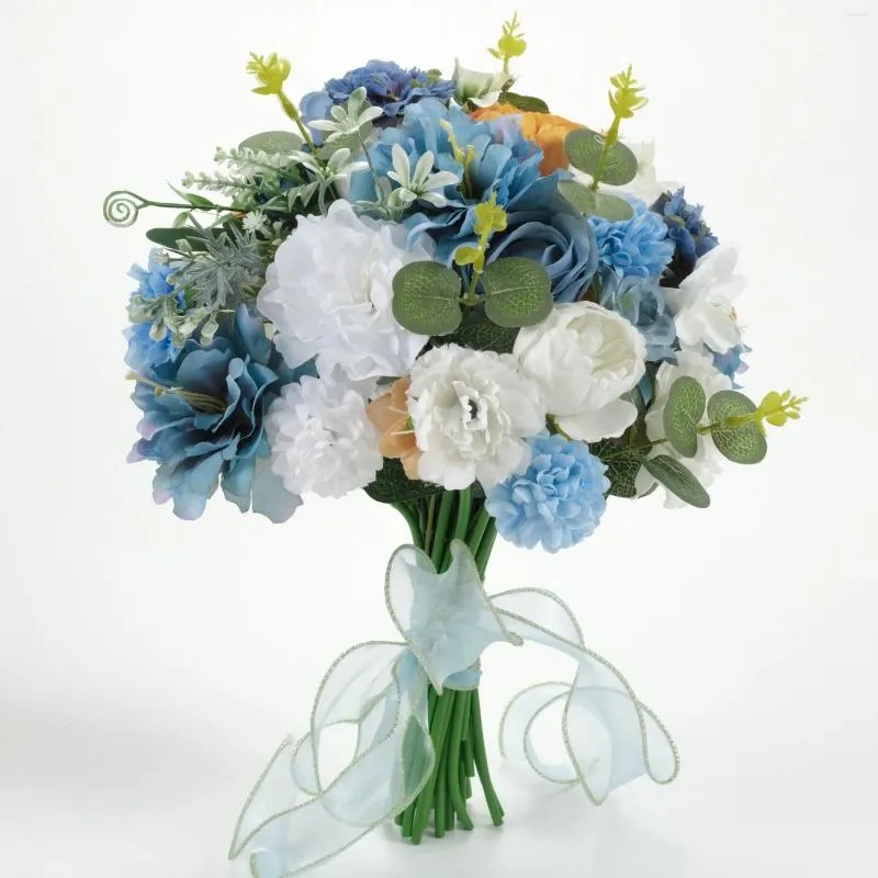 Flores decorativas 1 pacote azul branco flor de seda artificial cabeça material pacote combo para diy buquês de casamento nupcial lance buquê atirar