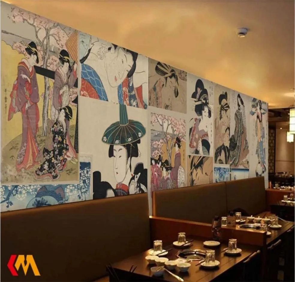 Ukiyoe Ladies Mural Wallpaper per Negozio di cucina giapponese Sushi Restaurant Industrial Decor Retro Papel De Parede Carta da parati 3D4492511