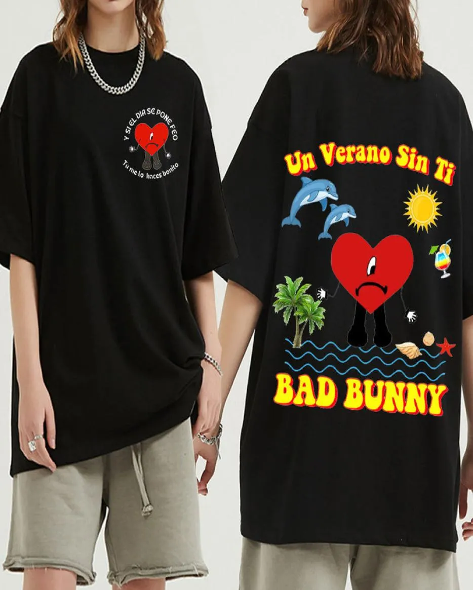 Şarkıcı Bad Bunny Un Verano Sin Ti Müzik Albümü Çifte Targed Baskı Grafikleri T Shirt Unisex Hip Hop Tişörtleri Büyük Boy Sokak Giyim 2202801574