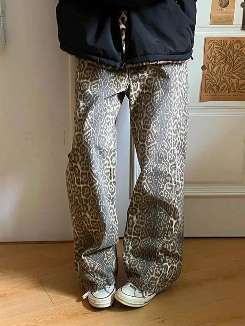 Jeans pour femmes Y2K Vintage imprimé léopard décontracté femmes mode streetwear hip hop lavé taille haute jambe droite