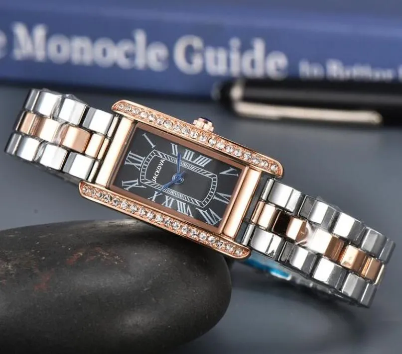 Mode dünne Länge Form kleine einfache Zifferblatt Uhr voller Edelstahl römische Tank-Serie Uhr alle Verbrechen Quarzwerk Liebhaber Diamanten Ring Uhren Geschenke