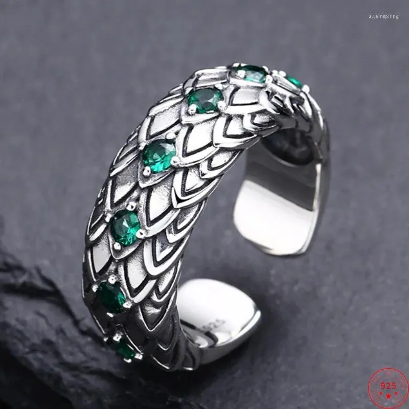 Cluster Ringe Echtes S925 Sterling Silber Für Frauen Männer Mode Relief Drachen Skala Intarsien Zirkon Punk Schmuck