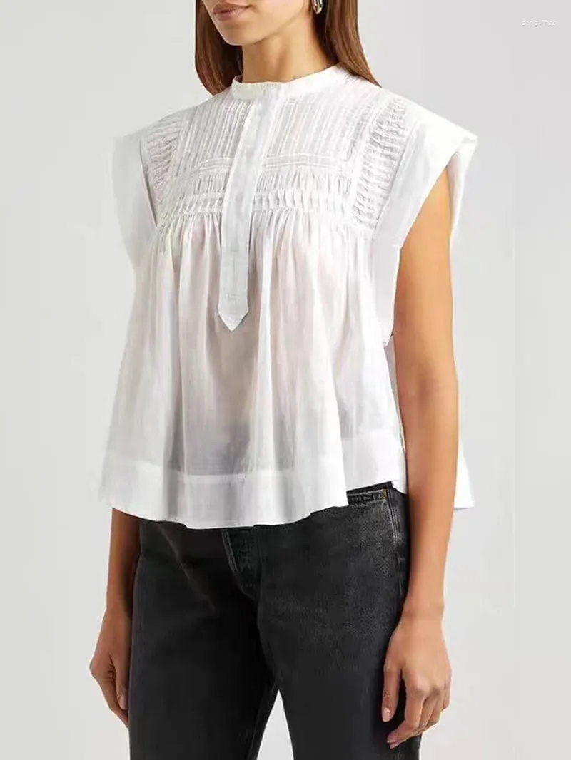 Women's Blouses 2024 Pink Or White Cotton Shirt Women Pleated Sleeveless O-neck Summer Loose Front Buttons Female Blouse