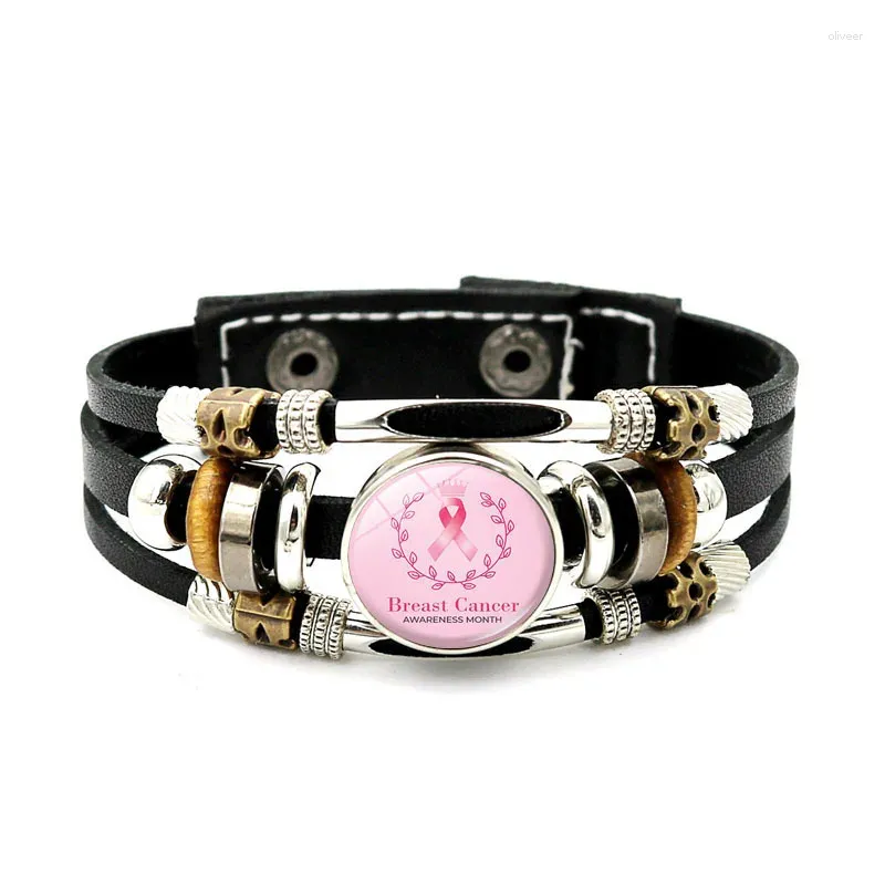 Charm Bracelets Women Health Care Leather Bracelet Breast Cancer Awareness Pink Ribbon Punk Style Glass Cabochon Bangle Gifts