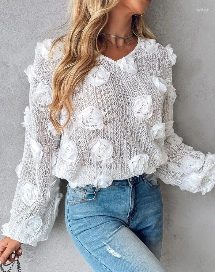 Women's Blouses Women Blouse Tops Fashion Spring Summer Casual Daily Loose Floral Pattern Lace Decals Beaded V-Neck Lantern Long Sleeve Top