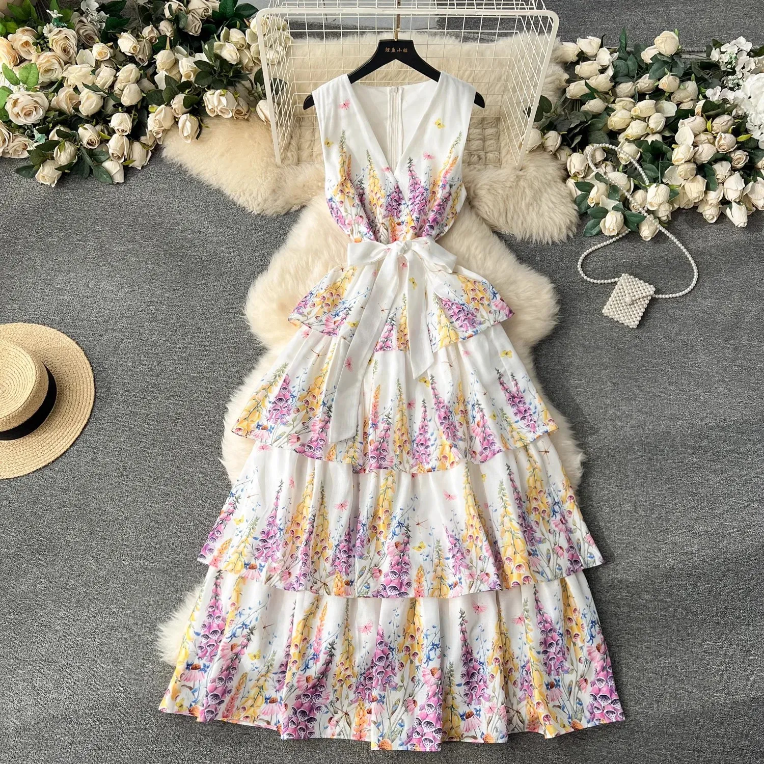 Vestido bohemio de verano con volantes en cascada y pastel, vestido a la moda con cuello en V y tirantes Sapghetti con estampado de flores, Vestidos sin mangas para fiesta y vacaciones 2024