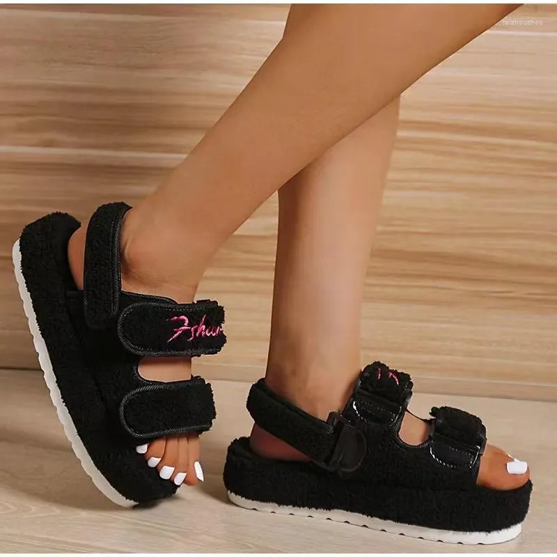 Summer Design Hook Women Sandals Loop Platform Fur Lady Students Fashion Comfortable Outside Flats Beach Shoes