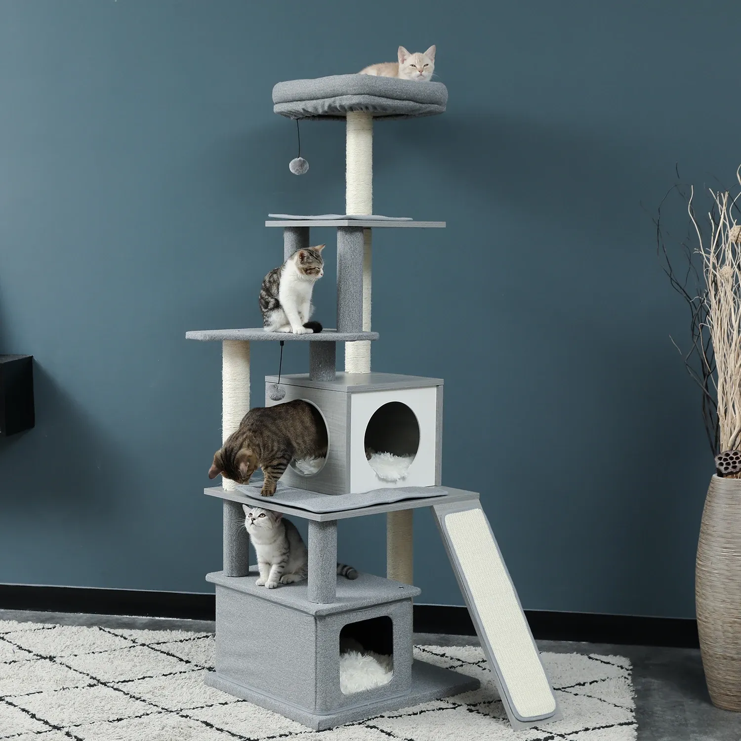 Arbre à chat à plusieurs niveaux de pouces, tour d'activité moderne pour chat avec poteaux à gratter en sisal, hamac et perchoir supérieur extra large, jouet pour chat