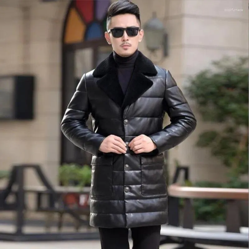 Mäns kostymer Vintern Mens Passar Långt läder Down Jacket Slim Korean Fur Coat 2024 Men Business Casual Plus Size Overrock