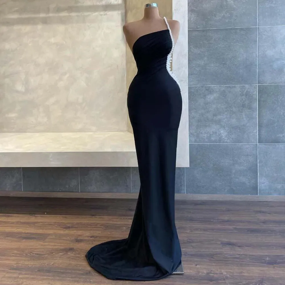 Mermaid Black Prom Dress One Shoulder Pearls Beaded Luxury Gown for Women 2023 Sleeveless Formal Wedding Party Dresses Long 240227