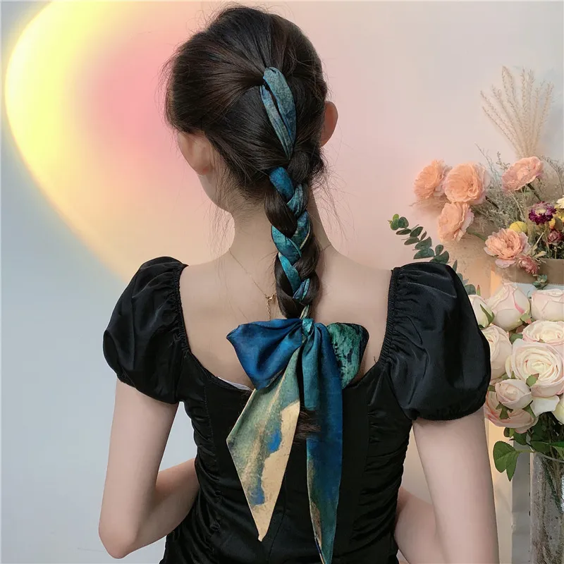 Retro francês arco de malha lenço de cabelo bandana feminino pintura a óleo chinês padrão encadernação cachecol bandana fita longa