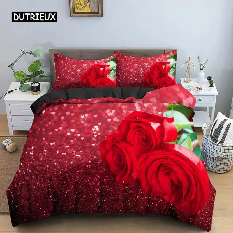 Zestawy pościeli z zestawem kołdry kwiatowej Pełny rozmiar poliestrowy luksusowy luksus 3D Red Rose Bracforter romantyczna kołdra 2/3pcs dla pary