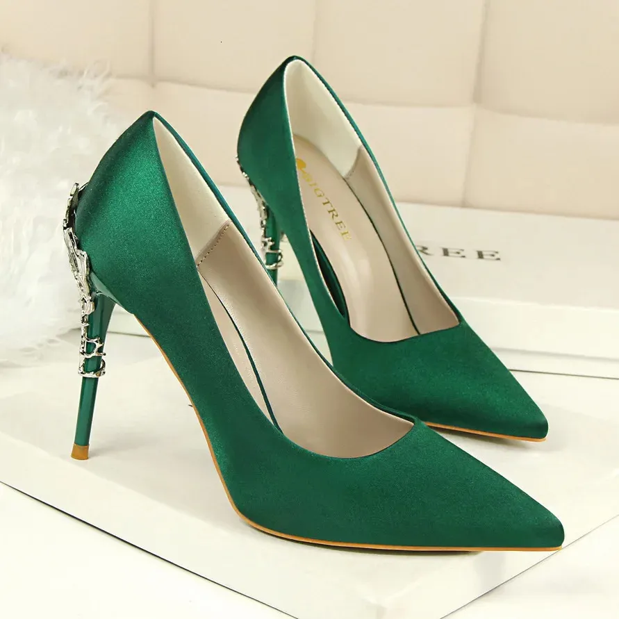 Woman 10cm High Heels Metal Heels Satin Silk Dress Fashion Pumps Lady Wedding Bridal Scarpin Catwalk Orange Green Wine Red Shoes 240227